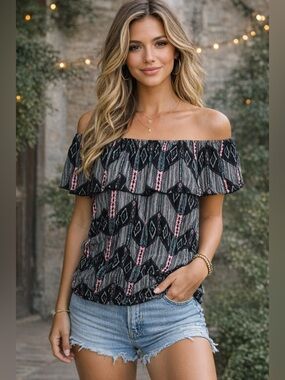 Off Shoulder Boho Blouse Black Pink Aztec Print Ruffle Top Size Extra Small
